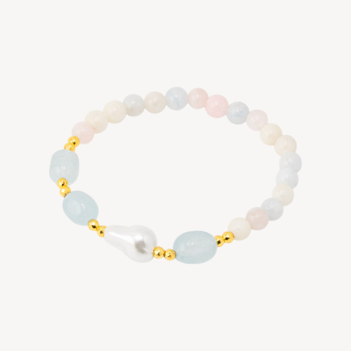 Bracciale Elastico con Pietre Dure e Perle di Maiorca con Ematite Dorata e Giada Berillo