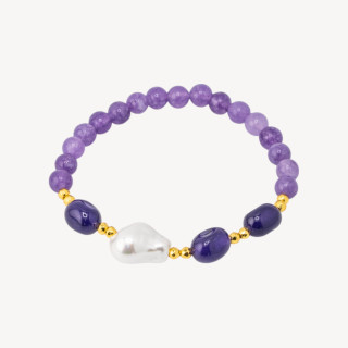 Bracciale Elastico con Pietre Dure e Perle di Maiorca con Ematite Dorata e Giada Lavanda