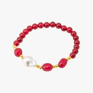 Bracciale Elastico con Pietre Dure e Perle di Maiorca con Ematite Dorata e Giada Rossa