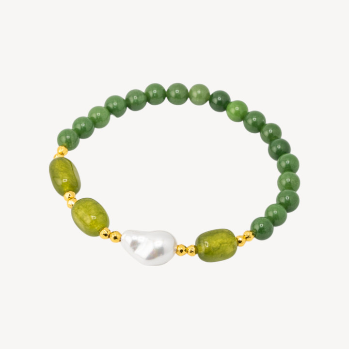 Bracciale Elastico con Pietre Dure e Perle di Maiorca con Ematite Dorata e Giada Verde Foresta