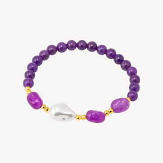 Bracciale Elastico con Pietre Dure e Perle di Maiorca con Ematite Dorata e Giada Viola
