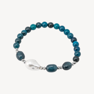 Bracciale Elastico con Pietre Dure e Perle di Maiorca con Ematite Rodiata e Agata Blu