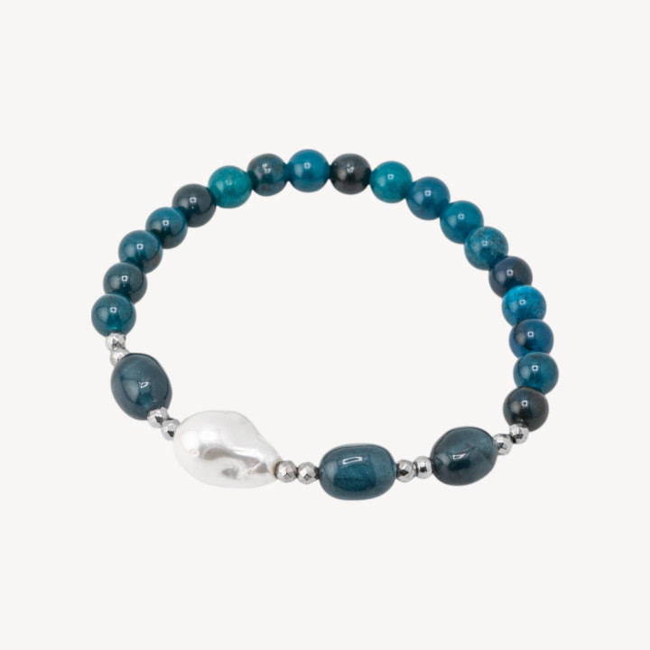 Bracciale Elastico con Pietre Dure e Perle di Maiorca con Ematite Rodiata e Agata Blu