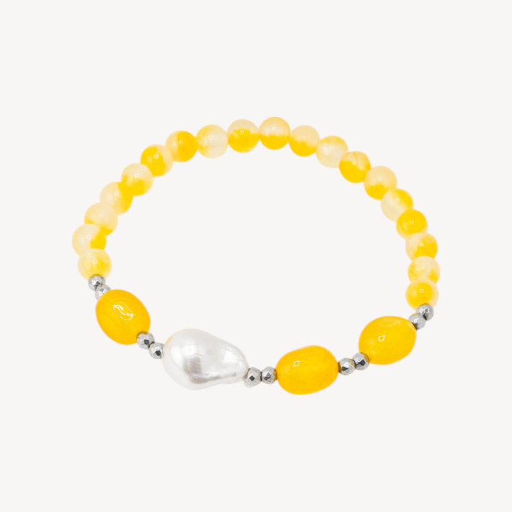 Bracciale Elastico con Pietre Dure e Perle di Maiorca con Ematite Rodiata e Giada Gialla