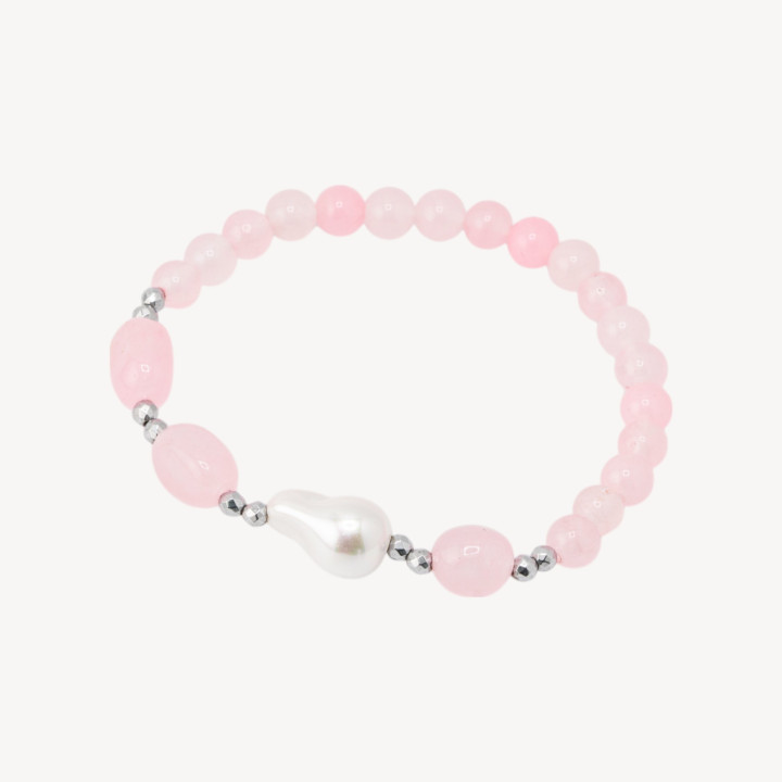 Bracciale Elastico con Pietre Dure e Perle di Maiorca con Ematite Rodiata e Giada Rosa