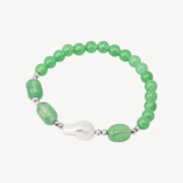 Bracciale Elastico con Pietre Dure e Perle di Maiorca con Ematite Rodiata e Giada Verde