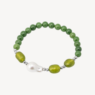 Bracciale Elastico con Pietre Dure e Perle di Maiorca con Ematite Rodiata e Giada Verde Foresta