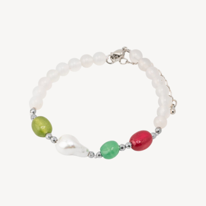 Bracciale con Pietre Dure e Perle di Maiorca 18,5cm + 5cm con Ematite Argentata e Agata Bianca