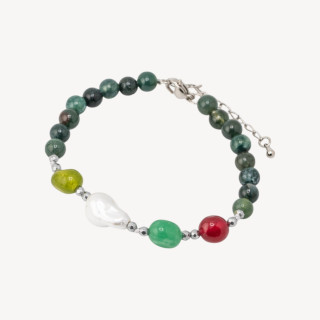 Bracciale con Pietre Dure e Perle di Maiorca 18,5cm + 5cm con Ematite Argentata e Agata Indiana