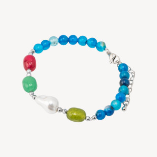 Bracciale con Pietre Dure e Perle di Maiorca 18,5cm + 5cm con Ematite Argentata e Agata Striata Blu