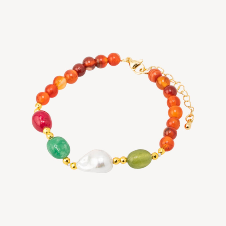 Bracciale con Pietre Dure e Perle di Maiorca 18,5cm + 5cm con Ematite Dorata e Agata Striata Arancione