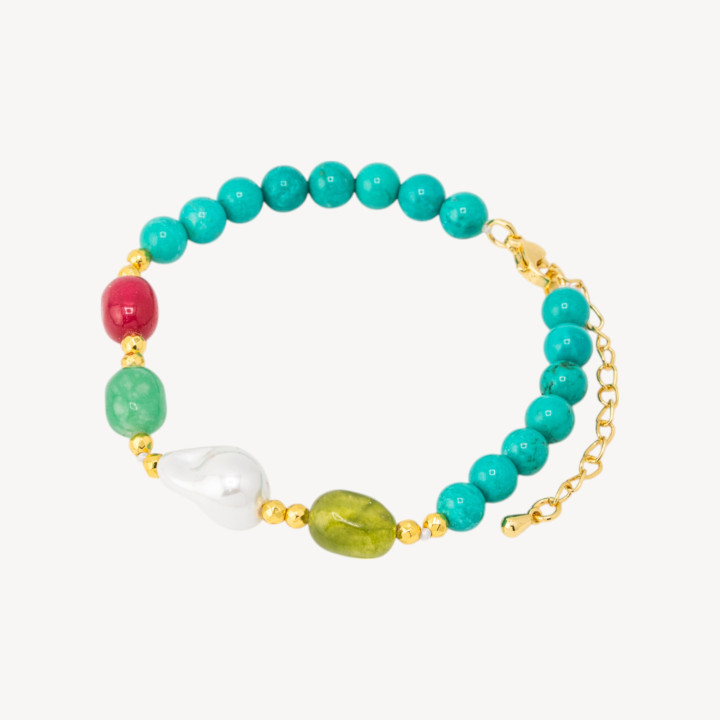 Bracciale con Pietre Dure e Perle di Maiorca 18,5cm + 5cm con Ematite Dorata e Turchese Stabilizzato