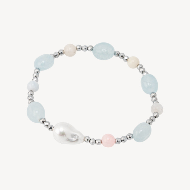 Bracciale Elastico con Pietre Sassi Burattati e Perle di Maiorca con Ematite Argentata e Giada
