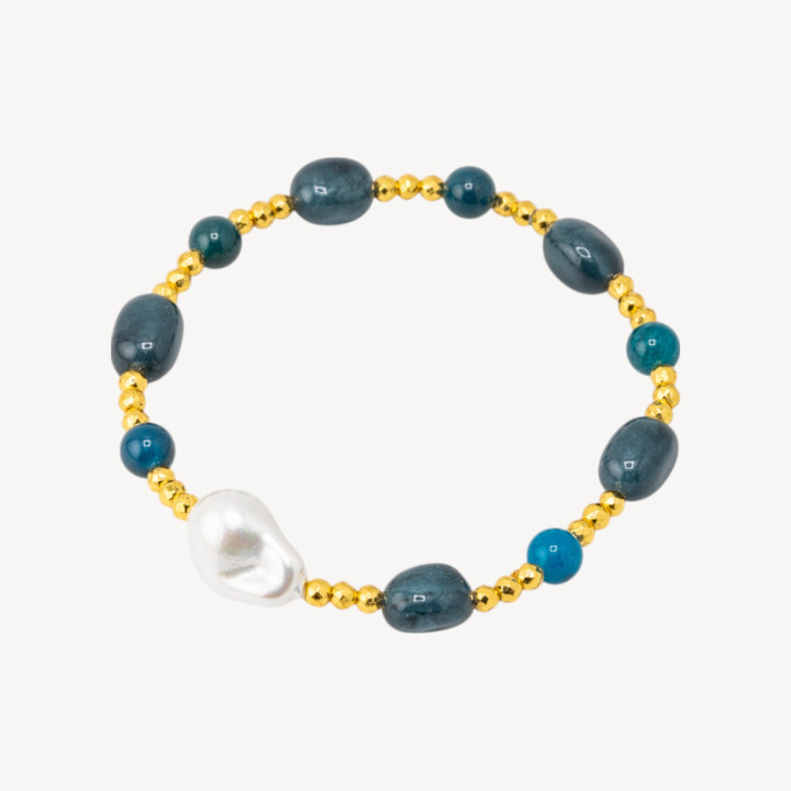 Bracciale Elastico con Pietre Sassi Burattati e Perle di Maiorca con Ematite Dorata e Giada Blu