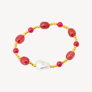 Bracciale Elastico con Pietre Sassi Burattati e Perle di Maiorca con Ematite Dorata e Giada Rossa