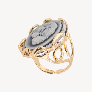 Anello Regolabile in Bronzo Dorato Collezione AURORA-1 con Cammeo in Resina con Donna | Gioiello Artigianale Donna 24x32mm Nero