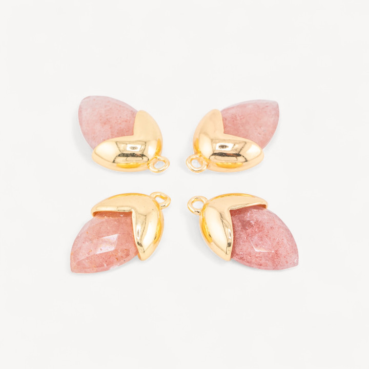 Pendente Componente Di Pietre Dure Incastonate Con Bronzo Ghianda 1 Anellino 12,5x20mm 8pz Dorato Quarzo Fragola