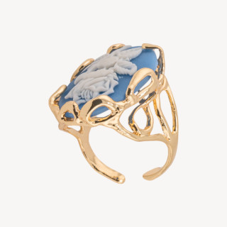 Anello Regolabile in Bronzo Dorato con Cammeo in Resina con Fiore | Gioiello Artigianale Donna 24x32mm Blu