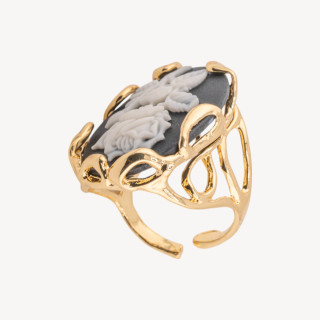 Anello Regolabile in Bronzo Dorato Collezione AURORA-1 con Cammeo in Resina con Fiore | Gioiello Artigianale Donna 24x32mm Nero