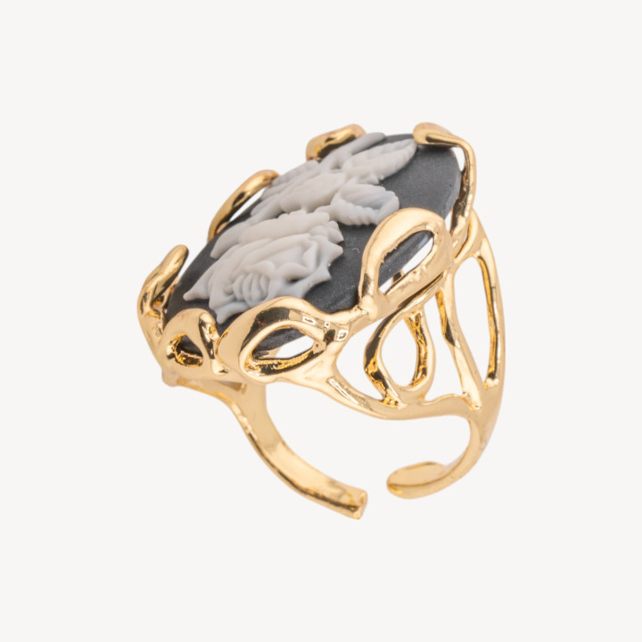 Anello Regolabile in Bronzo Dorato con Cammeo in Resina con Fiore | Gioiello Artigianale Donna 24x32mm Nero