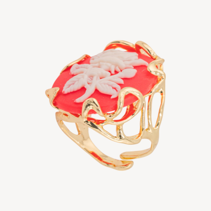 Anello Regolabile in Bronzo Dorato Collezione AURORA-1 con Cammeo in Resina con Fiore | Gioiello Artigianale Donna 24x32mm Ross