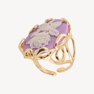 Anello Regolabile in Bronzo Dorato con Cammeo in Resina con Fiore | Gioiello Artigianale Donna 24x32mm Viola