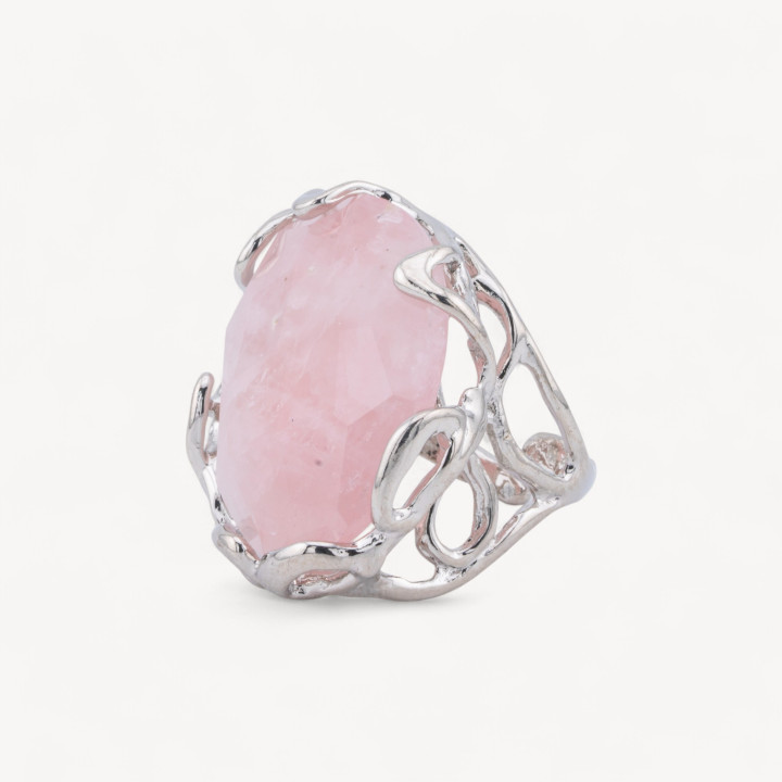 Anello Regolabile in Bronzo Rodiato Collezione AURORA-1 con Pietre Dure   Quarzo Rosa | Gioiello Artigianale Donna 28x32mm