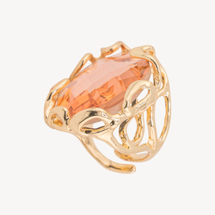 Anello Regolabile in Bronzo Dorato Collezione AURORA-1 con Cabochon di Cristallo Pesca | Gioiello Artigianale Donna 22x33mm