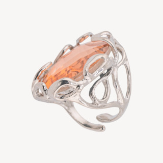 Anello Regolabile in Bronzo Rodiato Collezione AURORA-1 con Cabochon di Cristallo Pesca | Gioiello Artigianale Donna 22x33mm