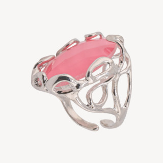 Anello Regolabile in Bronzo Rodiato Collezione AURORA-1 con Cabochon di Cristallo Rosa | Gioiello Artigianale Donna 22x33mm