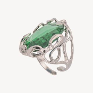 Anello Regolabile in Bronzo Rodiato Collezione AURORA-1 con Cabochon di Cristallo Verde | Gioiello Artigianale Donna 22x33mm