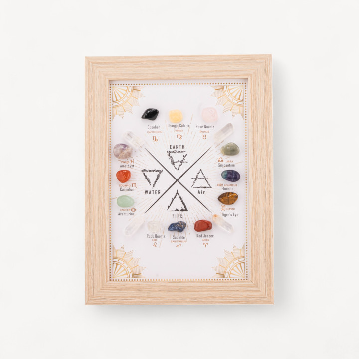 Soprammobile Cornice Calendario Zodiacale e I Quattro Elementi con Set Pietre Dure