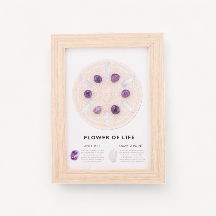 Soprammobile Cornice Fiore della Vita con Pietre Dure Ametista e Quarzo