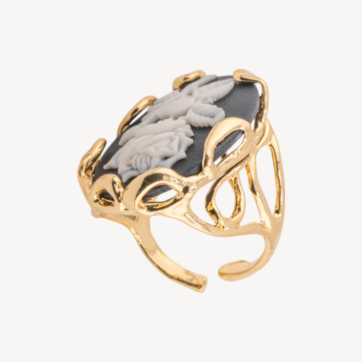 Anello Regolabile in Bronzo Dorato Collezione AURORA-1 con Cammeo in Resina con Fiore | Gioiello Artigianale Donna 24x32mm