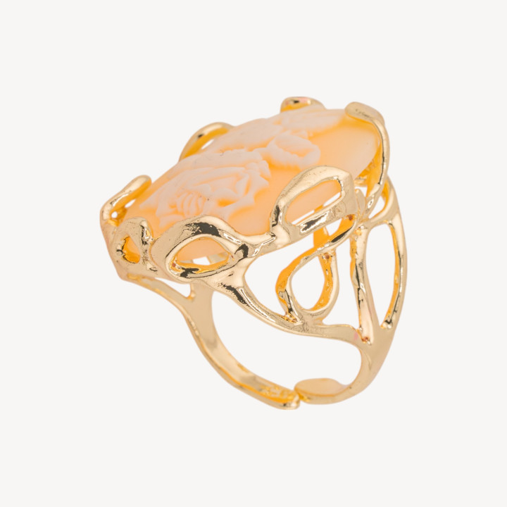 Anello Regolabile in Bronzo Dorato con Cammeo in Resina con Fiore | Gioiello Artigianale Donna 24x32mm