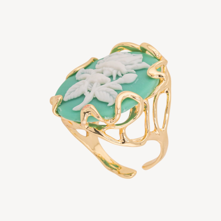 Anello Regolabile in Bronzo Dorato Collezione AURORA-1 con Cammeo in Resina con Fiore | Gioiello Artigianale Donna 24x32mm