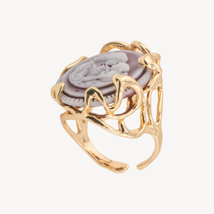 Anello Regolabile in Bronzo Dorato Collezione AURORA-1 con Cammeo in Resina con Donna | Gioiello Artigianale Donna 24x32mm