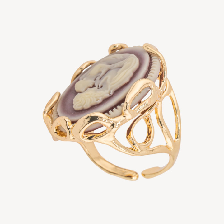 Anello Regolabile in Bronzo Dorato Collezione AURORA-1 con Cammeo in Resina con Donna | Gioiello Artigianale Donna 24x32mm