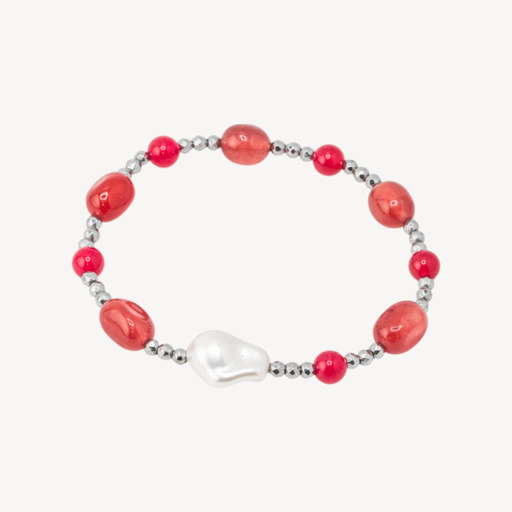 Bracciale Elastico con Pietre Sassi Burattati e Perle di Maiorca con Ematite Argentata e Giada
