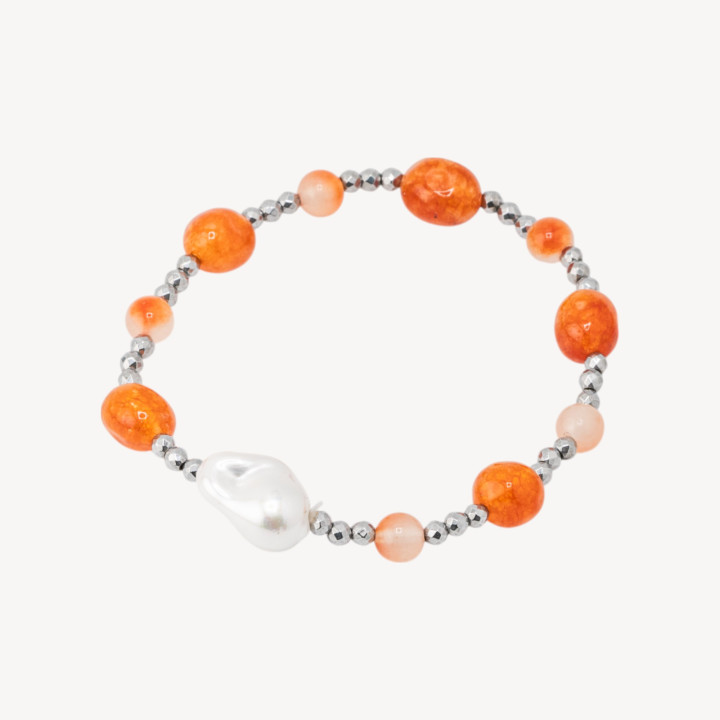 Bracciale Elastico con Pietre Sassi Burattati e Perle di Maiorca con Ematite Argentata e Giada