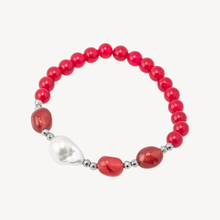 Bracciale Elastico con Pietre Dure e Perle di Maiorca con Ematite Argentata