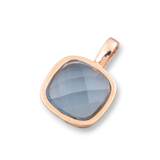 Ciondolo Pendente Di Argento 925 Con Cabochon Celeste Incastonato Placcato Oro Rosa 19x28mm