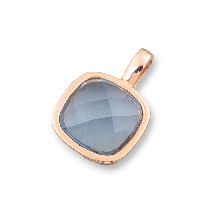 Ciondolo Pendente Di Argento 925 Con Cabochon Celeste Incastonato Placcato Oro Rosa 19x28mm