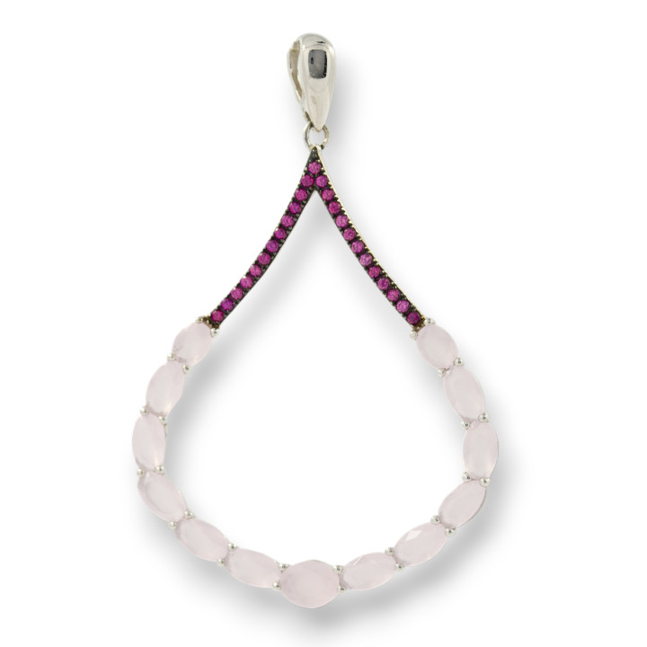 Ciondolo Pendente in Argento 925 Goccia Con Zirconi E Topazi Ovali Rosa E Ruby 31x50mm