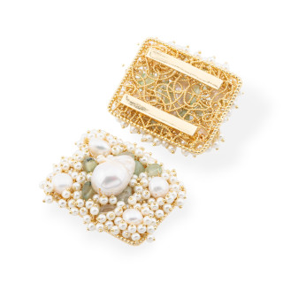 Componente Centrale Con Perline, Pietre Dure E Perle Di Fiume Ammagliato Su Filigrana 35x45mm 1pz Dorato Prenite