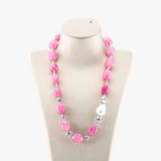 Collana Bijoux con Pietre Dure e Perle di Maiorca 50cm + 5cm con Ematite Argentata e Giada Rosa