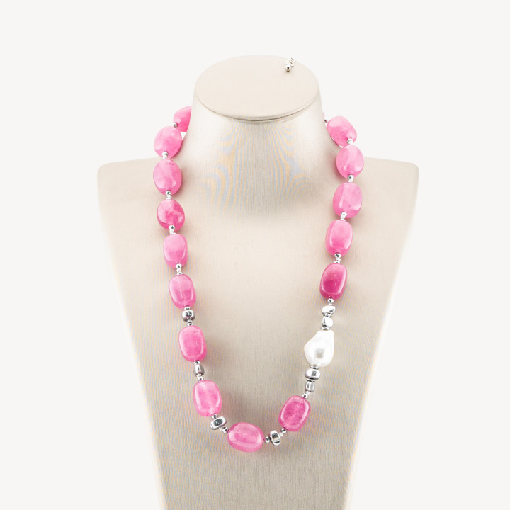 Collana Bijoux con Pietre Dure e Perle di Maiorca 50cm + 5cm con Ematite Argentata e Giada Rosa