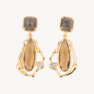 Orecchini Perno Di Bronzo Con Cristalli CZ e Occhio Di Gatto Galvanica Oro Beige e Marrone