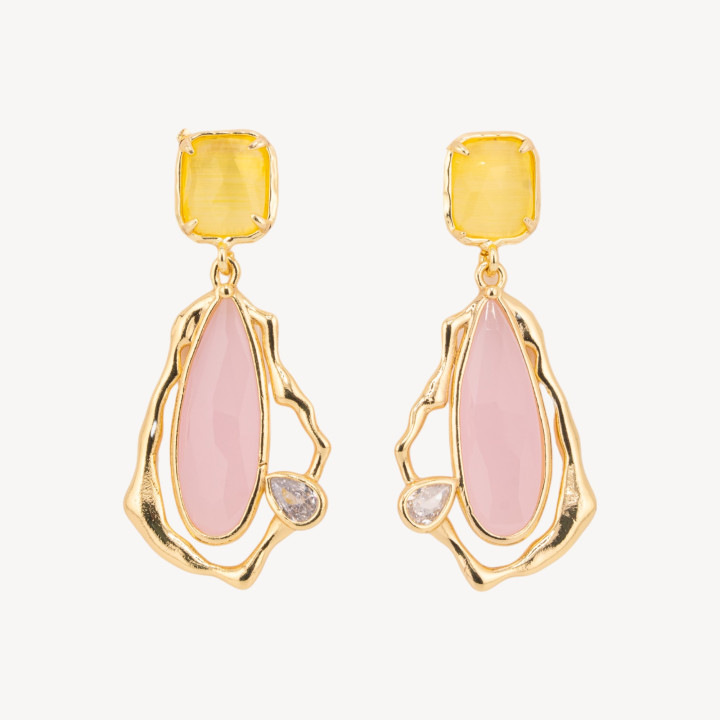 Orecchini Perno Di Bronzo Con Cristalli CZ e Occhio Di Gatto Galvanica Oro Giallo e Rosa