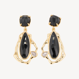 Orecchini Perno Di Bronzo Con Cristalli CZ e Occhio Di Gatto Galvanica Oro Nero